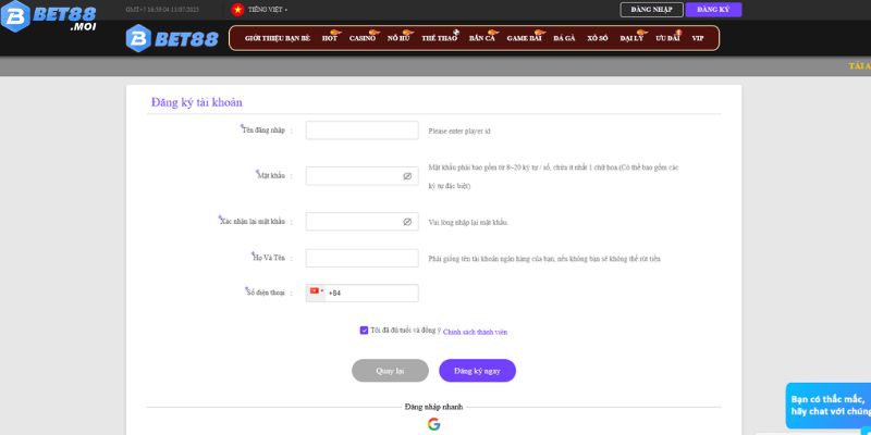 Bet88 29 Quy trình đăng ký tài khoản BET88
